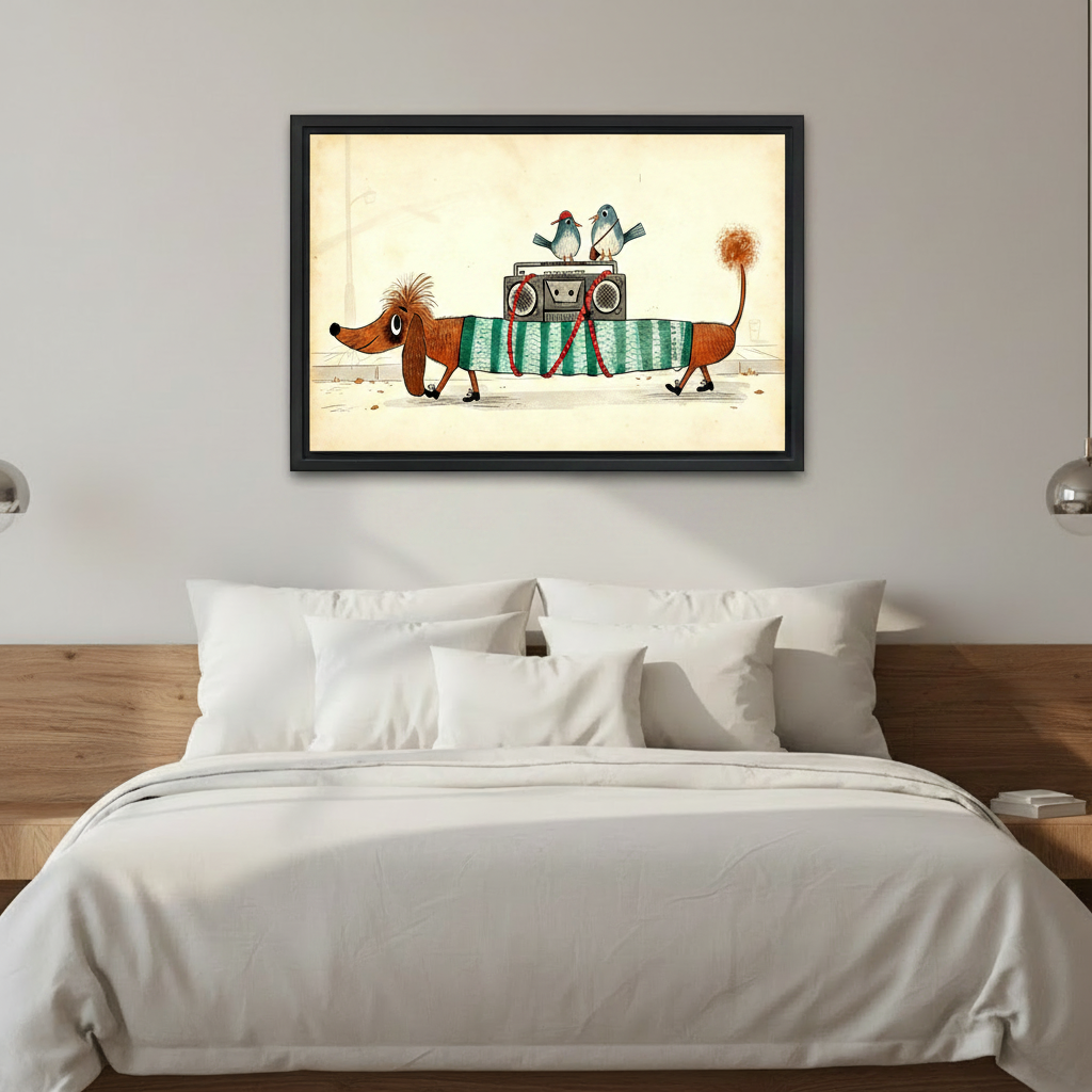Funny dachshund in striped sweater with boombox and birds framed canvas print hung above bed in modern bedroom