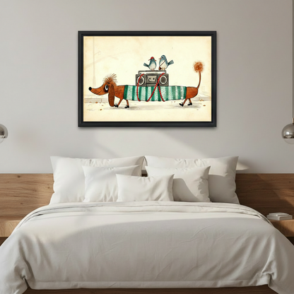 Funny dachshund in striped sweater with boombox and birds framed canvas print hung above bed in modern bedroom