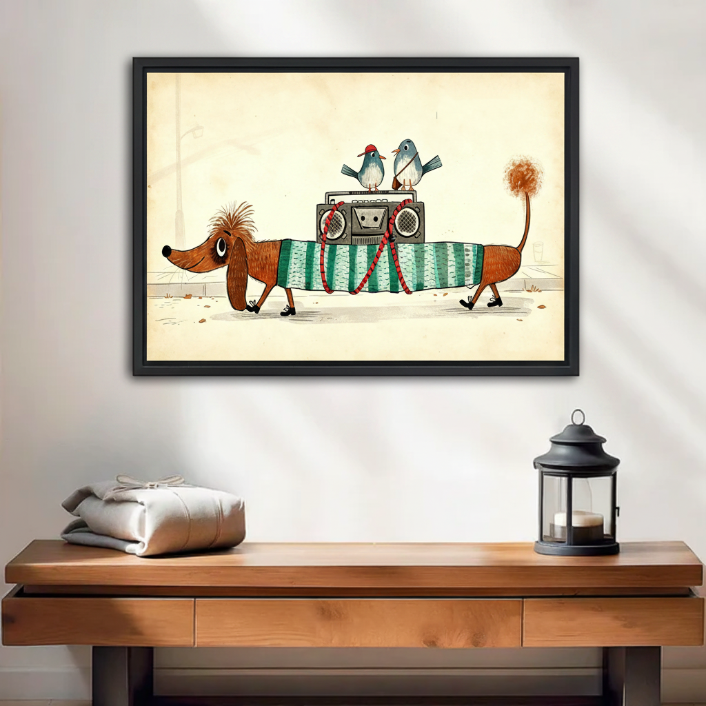 Dachshund boombox sweater birds funny framed canvas wall art displayed above wooden console table in entryway
