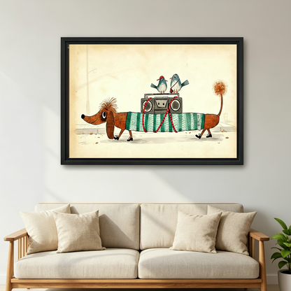 Funny dachshund in striped sweater carrying boombox with two birds framed canvas print above beige sofa in living room