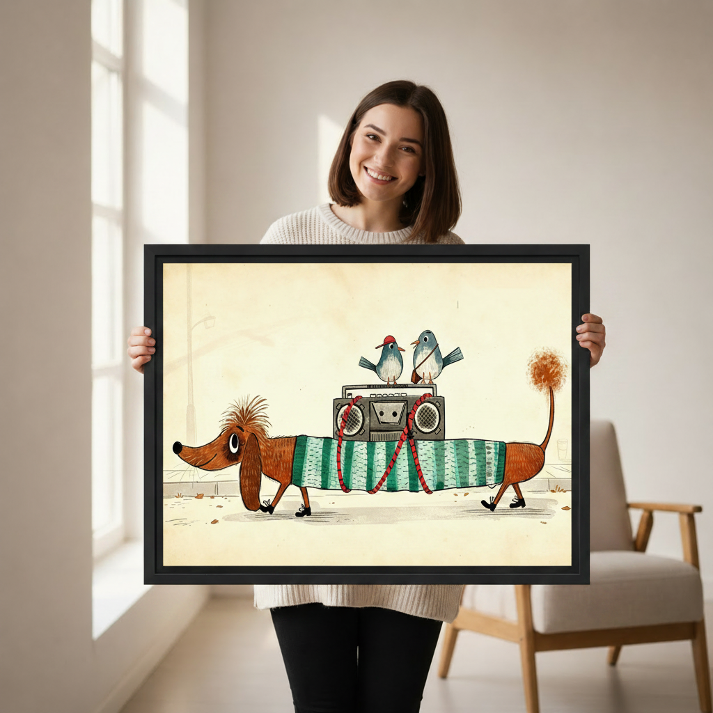 Woman holding funny dachshund boombox sweater framed canvas wall art size reference display