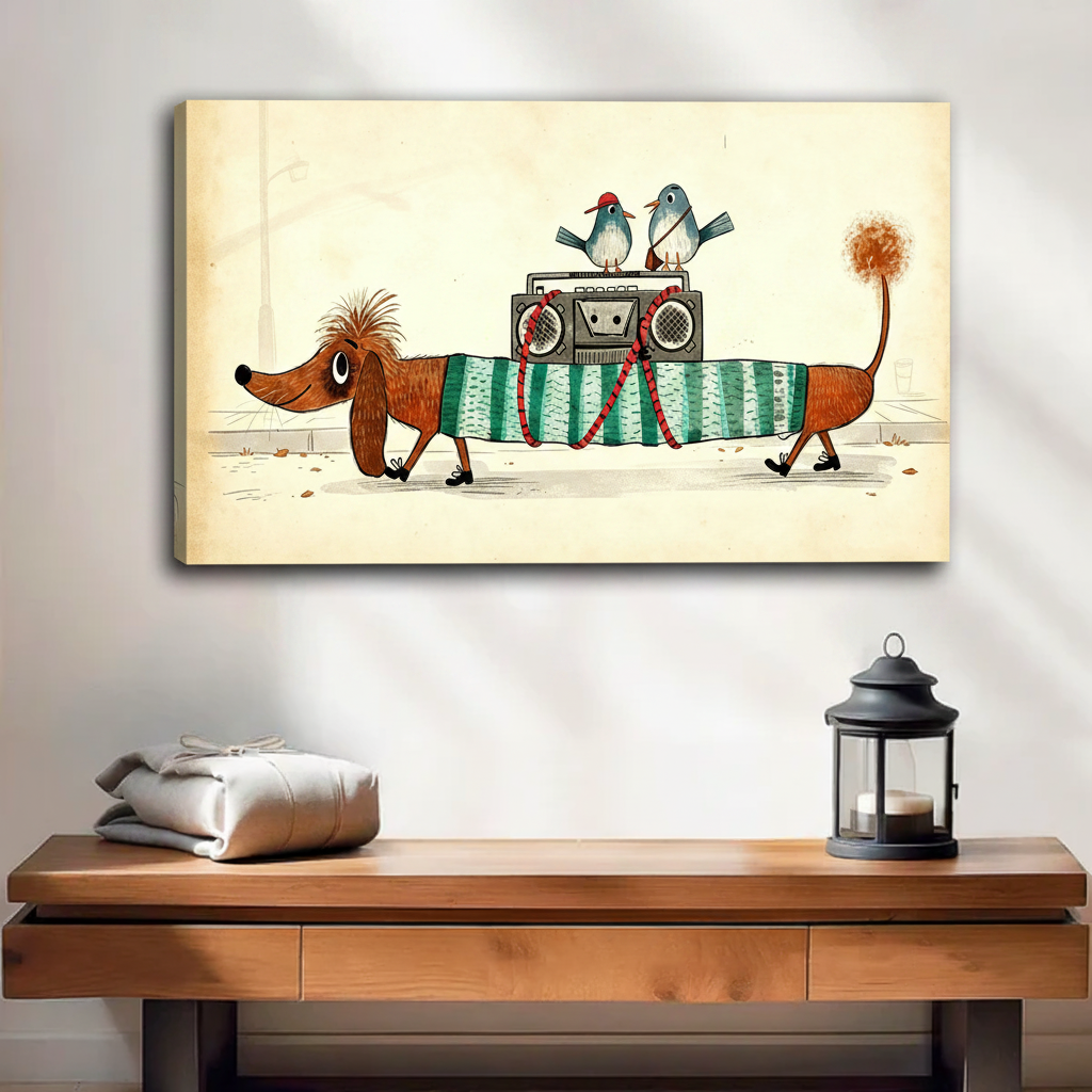 Funny dachshund in striped sweater carrying boombox with birds gallery wrap canvas print above wooden console table