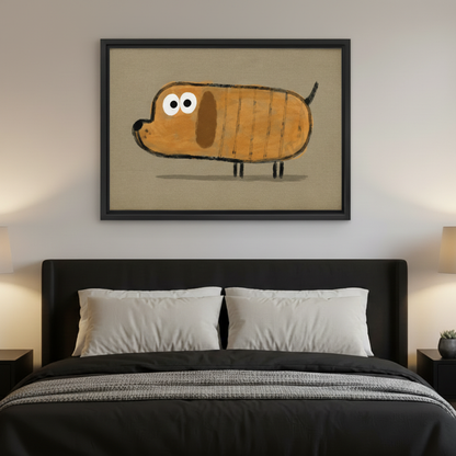 Funny dachshund folk art wall art in black frame displayed above dark bed in cozy bedroom interior