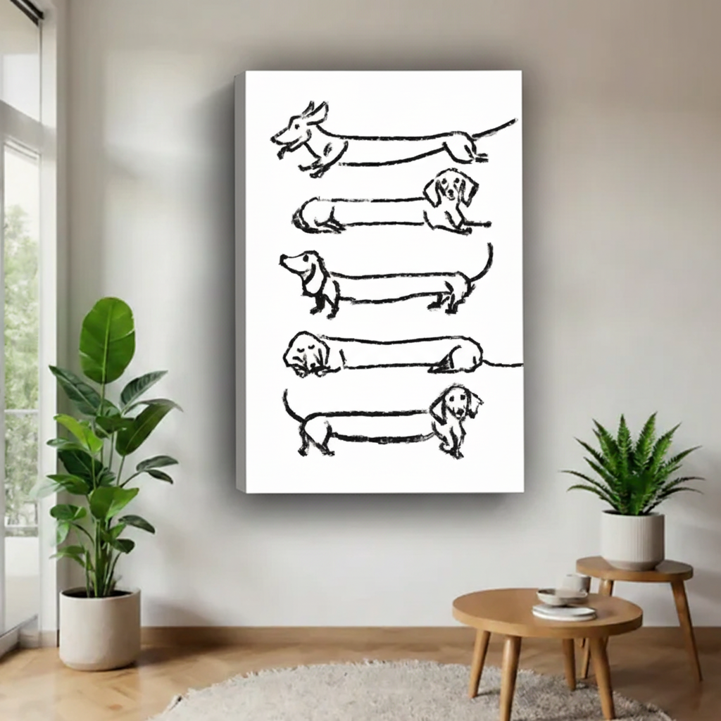 Frameless dachshund canvas wall art in minimalist living room with indoor plants