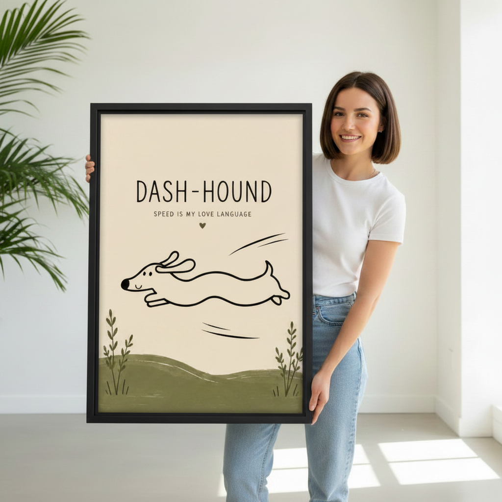 Smiling woman holding large minimalist dachshund running framed canvas showing full print size in bright white room