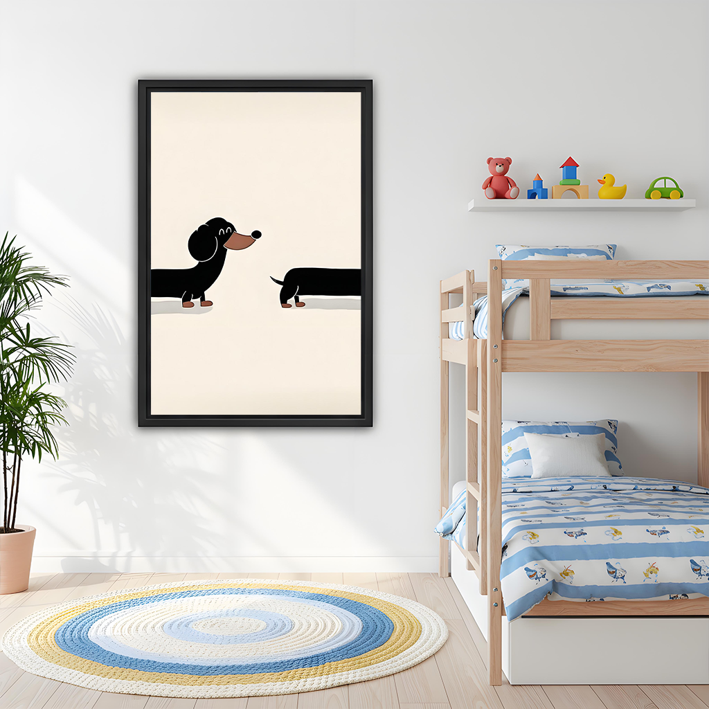 Gallery-wrap dachshund canvas wall art above a dining table, with playful black shapes on a cream background.