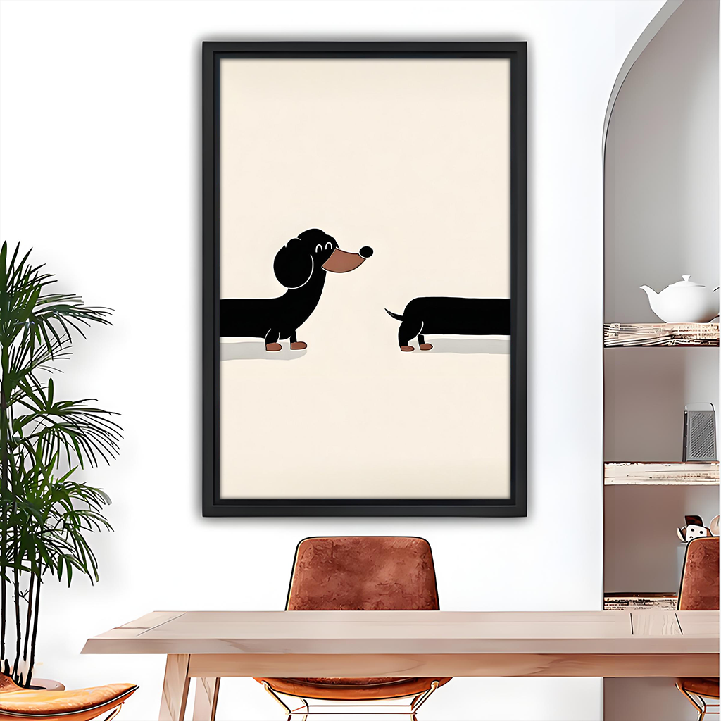 Minimalist dachshund canvas wall art in a black frame above a dining table, featuring a playful black dog.