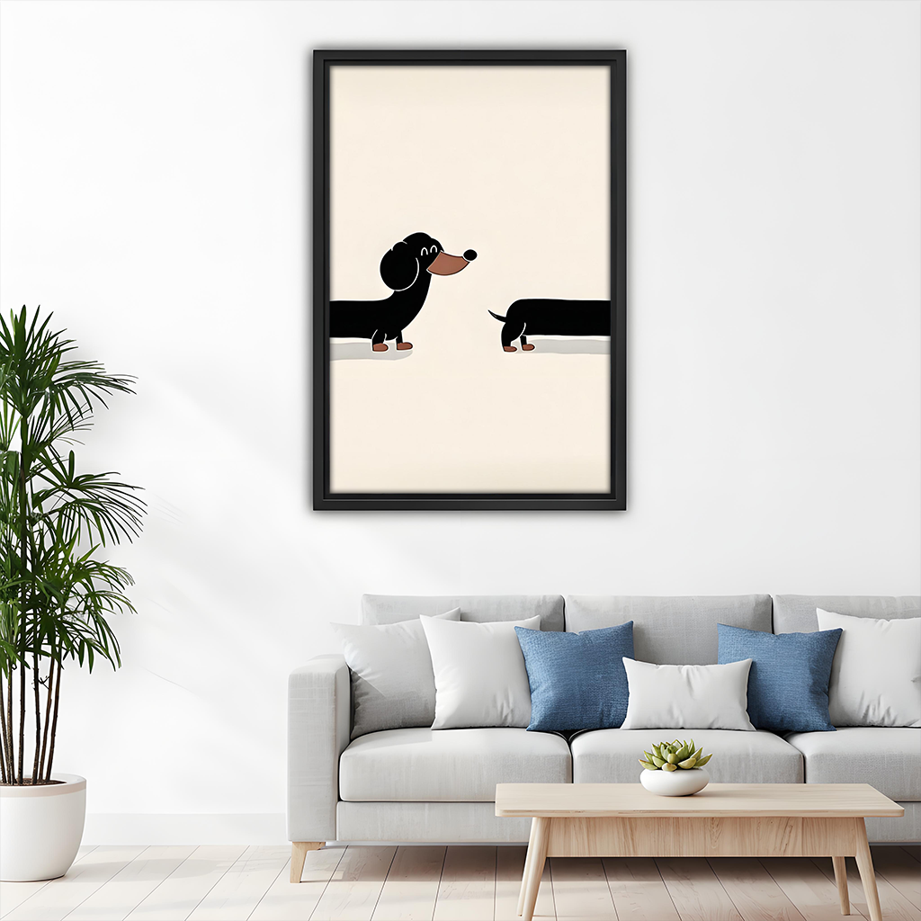 Minimalist dachshund canvas wall art in a black frame beside wooden bunk beds in a bright bedroom.