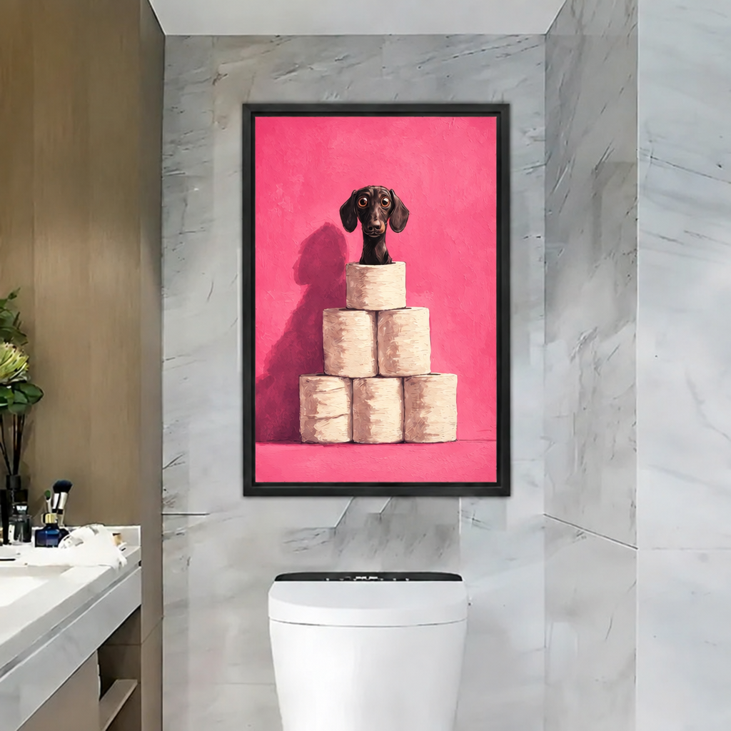 Black-framed dachshund toilet paper canvas wall art mounted on a marble wall above a modern toilet.