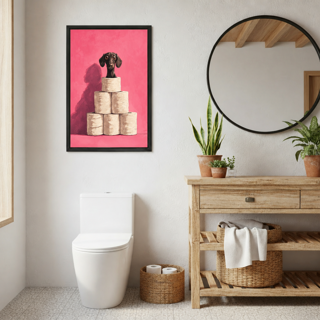 Framed dachshund toilet paper canvas wall art hanging beside a round mirror and potted plants in a bathroom.