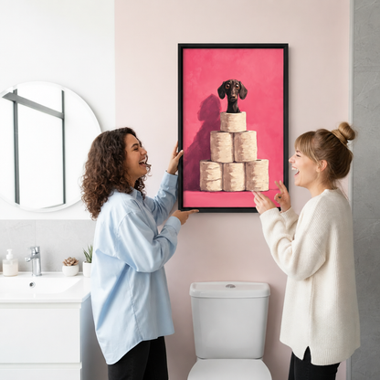 Two women hanging framed dachshund toilet paper canvas wall art on a bright pink bathroom wall.