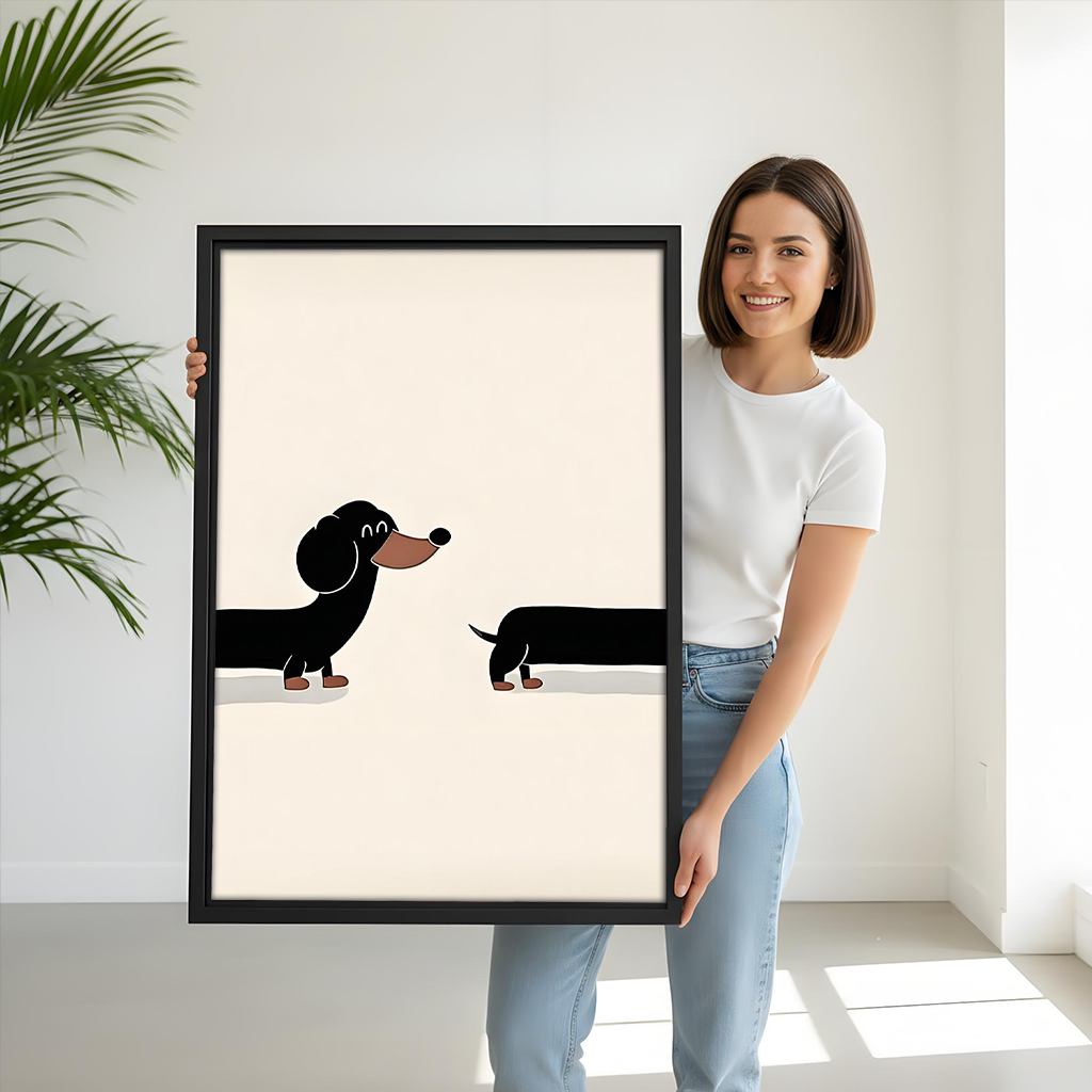 Woman holding minimalist dachshund canvas wall art in a black frame, showing the dog's front and rear.