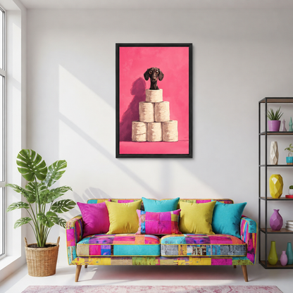 Framed dachshund toilet paper canvas wall art displayed above a colorful patchwork sofa in a living room.