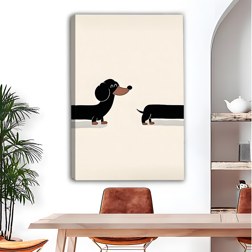 Black-framed dachshund canvas wall art with a cream background displayed above a gray living room sofa.