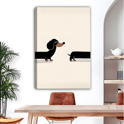 Black-framed dachshund canvas wall art with a cream background displayed above a gray living room sofa.