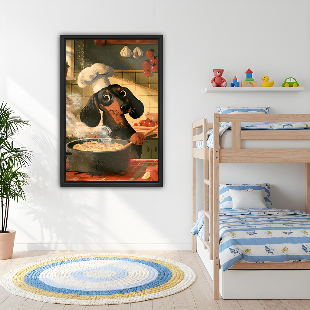 Black-framed dachshund chef canvas wall art above a dining table, featuring pasta, tomatoes, and a rustic kitchen.