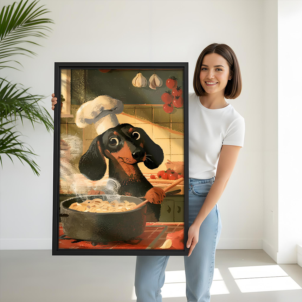 Black-framed whimsical dachshund chef canvas wall art beside wooden bunk beds in a bright bedroom.