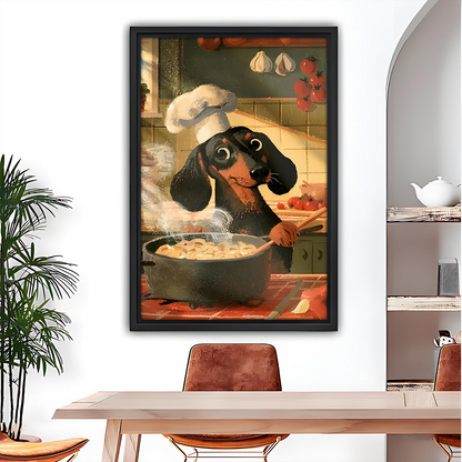 Gallery-wrapped dachshund chef canvas wall art above a dining table, showing a dog stirring a steaming pasta pot.