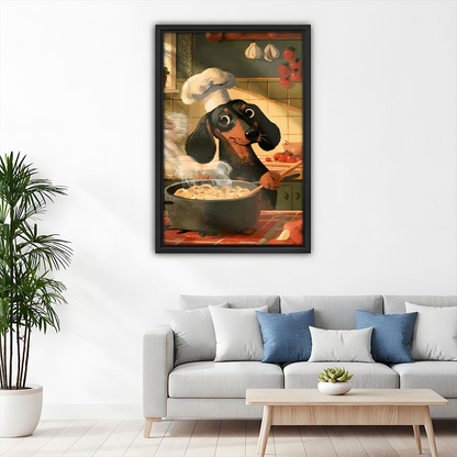 Whimsical dachshund chef canvas wall art in a black frame above a gray sofa with blue cushions.