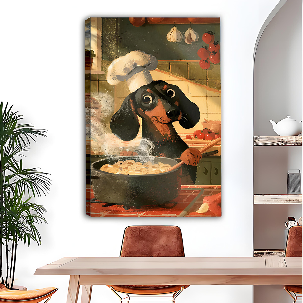 Woman holding black-framed dachshund chef canvas wall art featuring a cooking dog in a tall white chef's hat.
