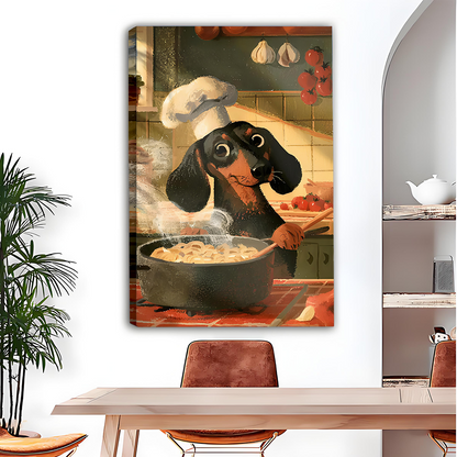 Woman holding black-framed dachshund chef canvas wall art featuring a cooking dog in a tall white chef's hat.
