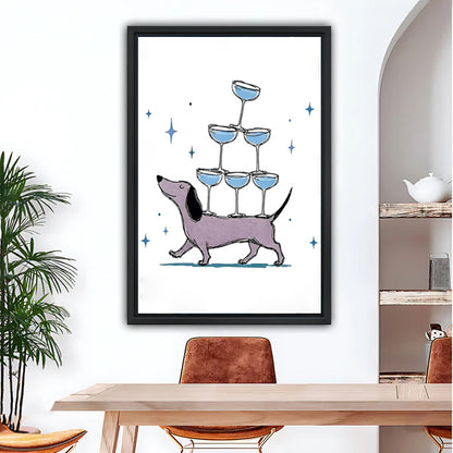 Dachshund cocktail pyramid funny black framed canvas on white wall above wood dining table with leather chairs and arched wall