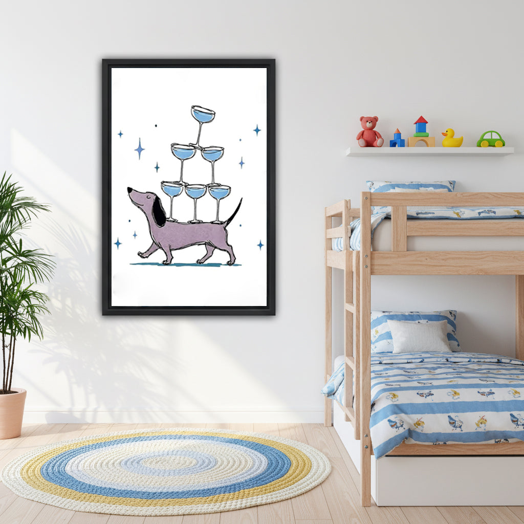 Dachshund cocktail pyramid funny black framed canvas on white wall in kids room with wood bunk bed and colorful round rug