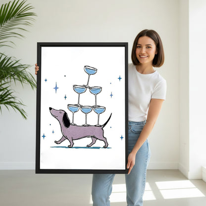 Woman holding dachshund cocktail pyramid funny black framed canvas size reference with palm plant in background