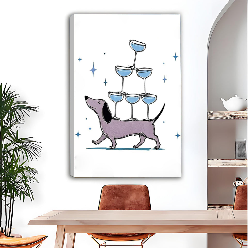 Dachshund cocktail pyramid funny gallery wrap canvas on white wall above wood dining table with leather chairs and arched wall