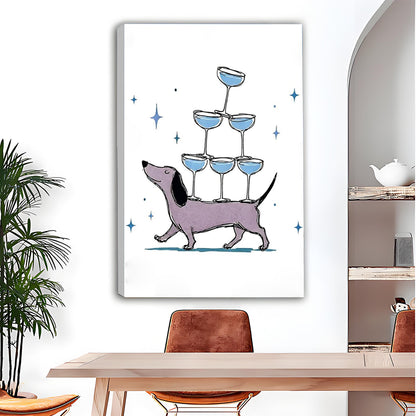 Dachshund cocktail pyramid funny gallery wrap canvas on white wall above wood dining table with leather chairs and arched wall