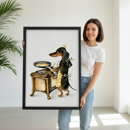 Woman holding large black framed royal dachshund cooking watercolor canvas print showing full artwork size reference