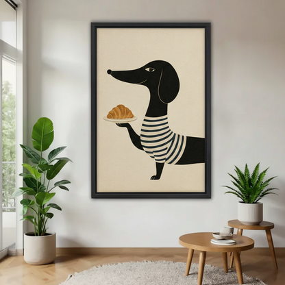 Mid-century modern dachshund with croissant framed canvas wall art hanging between two green plants
