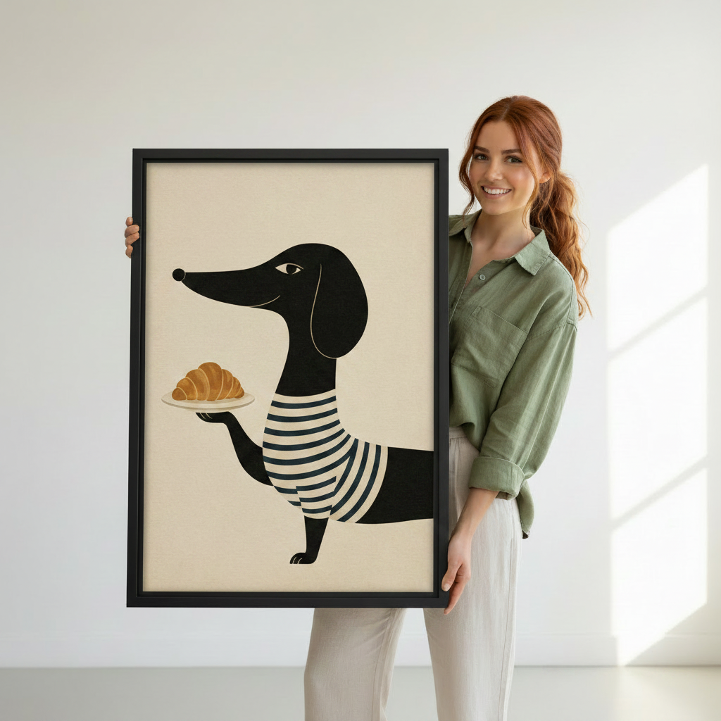 Smiling woman in sage green shirt holding large framed dachshund croissant wall art print