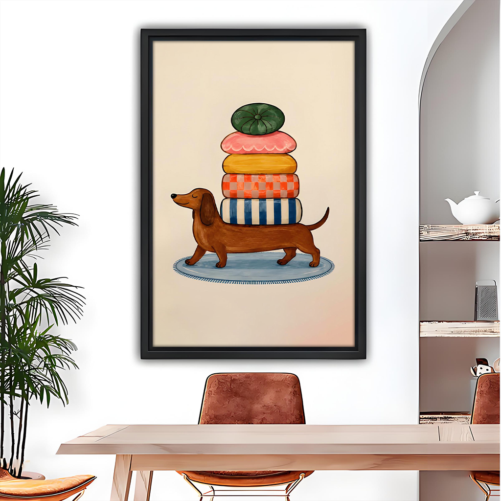 Framed folk art dachshund cushion stack canvas wall art above a wooden dining table with leather chairs