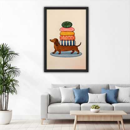 Woman holding a large framed dachshund cushion stack canvas wall art in a sunlit white room for scale