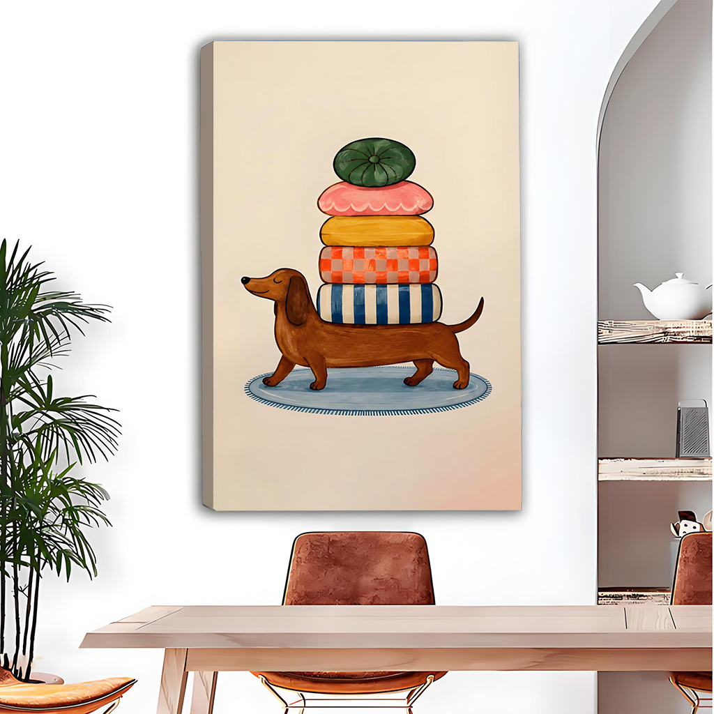 Black framed dachshund cushion stack canvas wall art in a children's bedroom with wooden bunk bed and toys