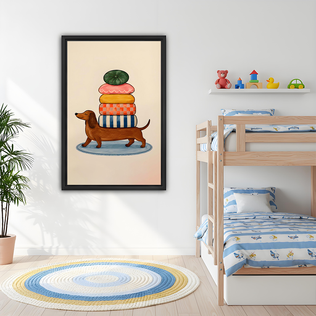Dachshund with stacked cushions canvas wall art framed in black above a grey sofa with blue pillows