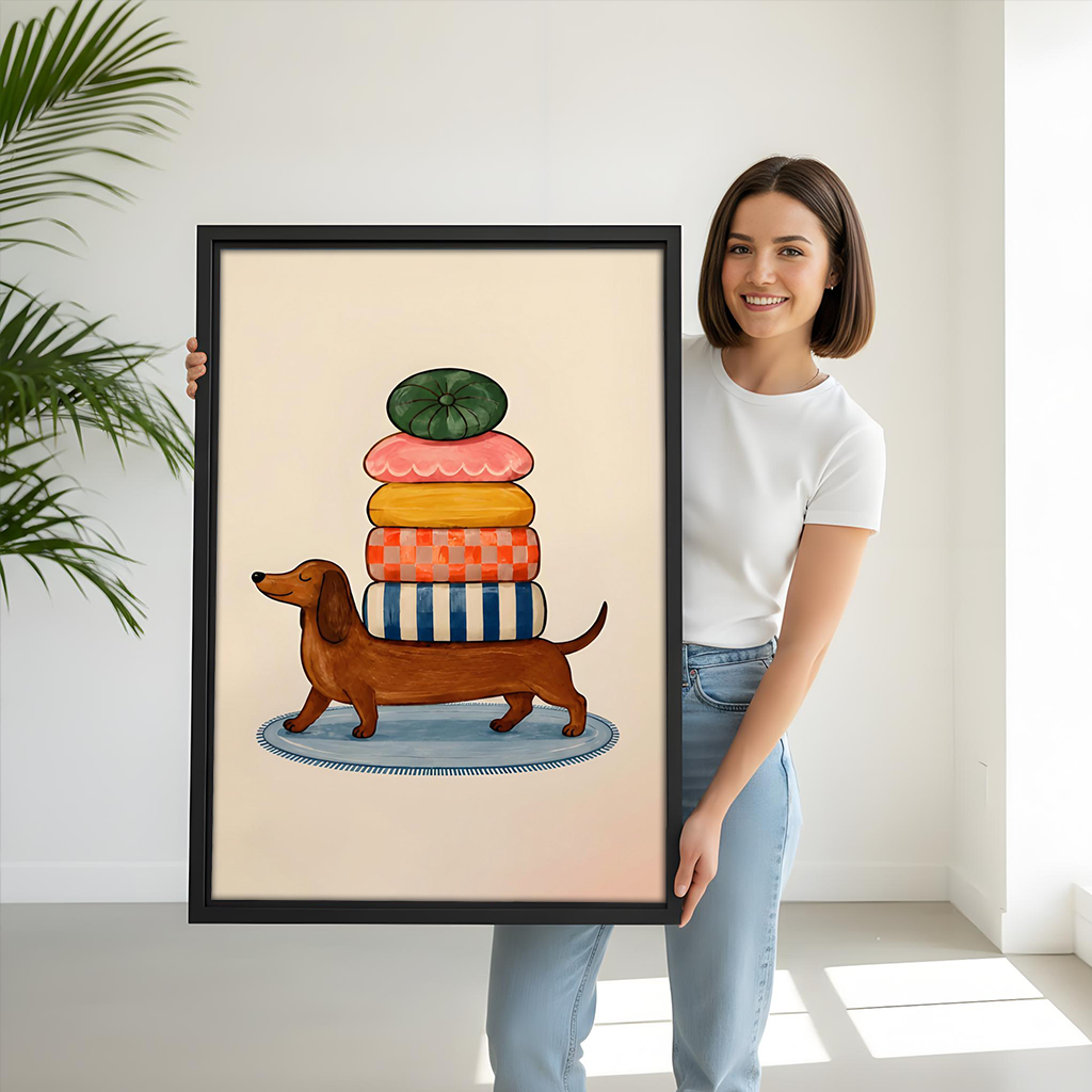 Gallery-wrap dachshund cushion stack canvas wall art without a frame on a white dining room wall