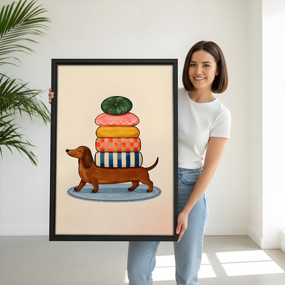 Gallery-wrap dachshund cushion stack canvas wall art without a frame on a white dining room wall
