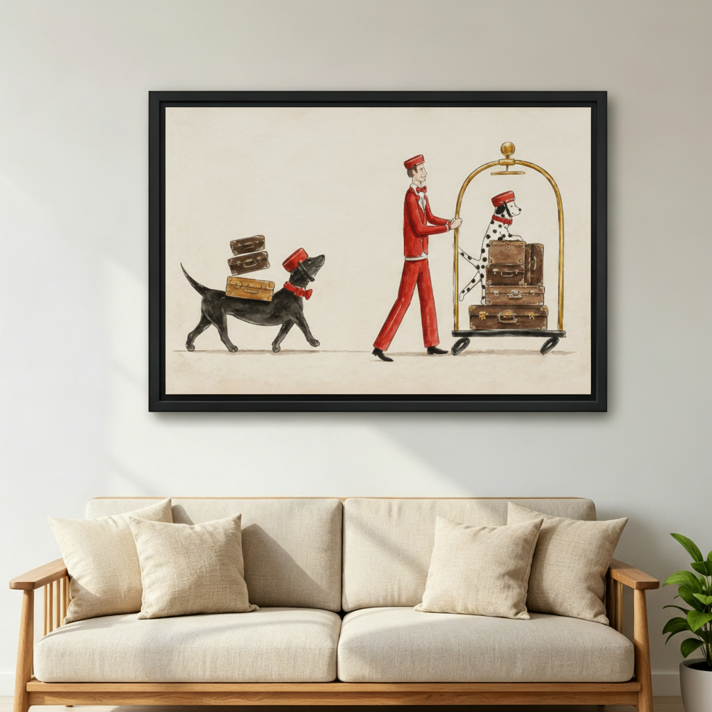 Woman holding horizontal framed canvas of red bellboy with dachshund dalmatian and vintage suitcases showing size reference