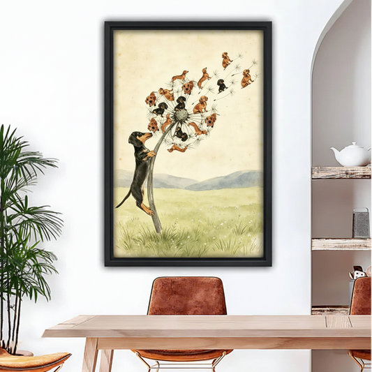 Dachshund dandelion whimsical wall art black framed print above dining table, vintage watercolor dog lover home decor