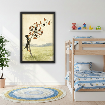 Dachshund dandelion black framed print in children's bedroom with bunk bed, whimsical dog art nursery wall decor