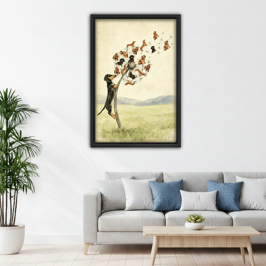 Dachshund dandelion vintage wall art above gray sofa in modern living room, dog lover boho home decor framed print
