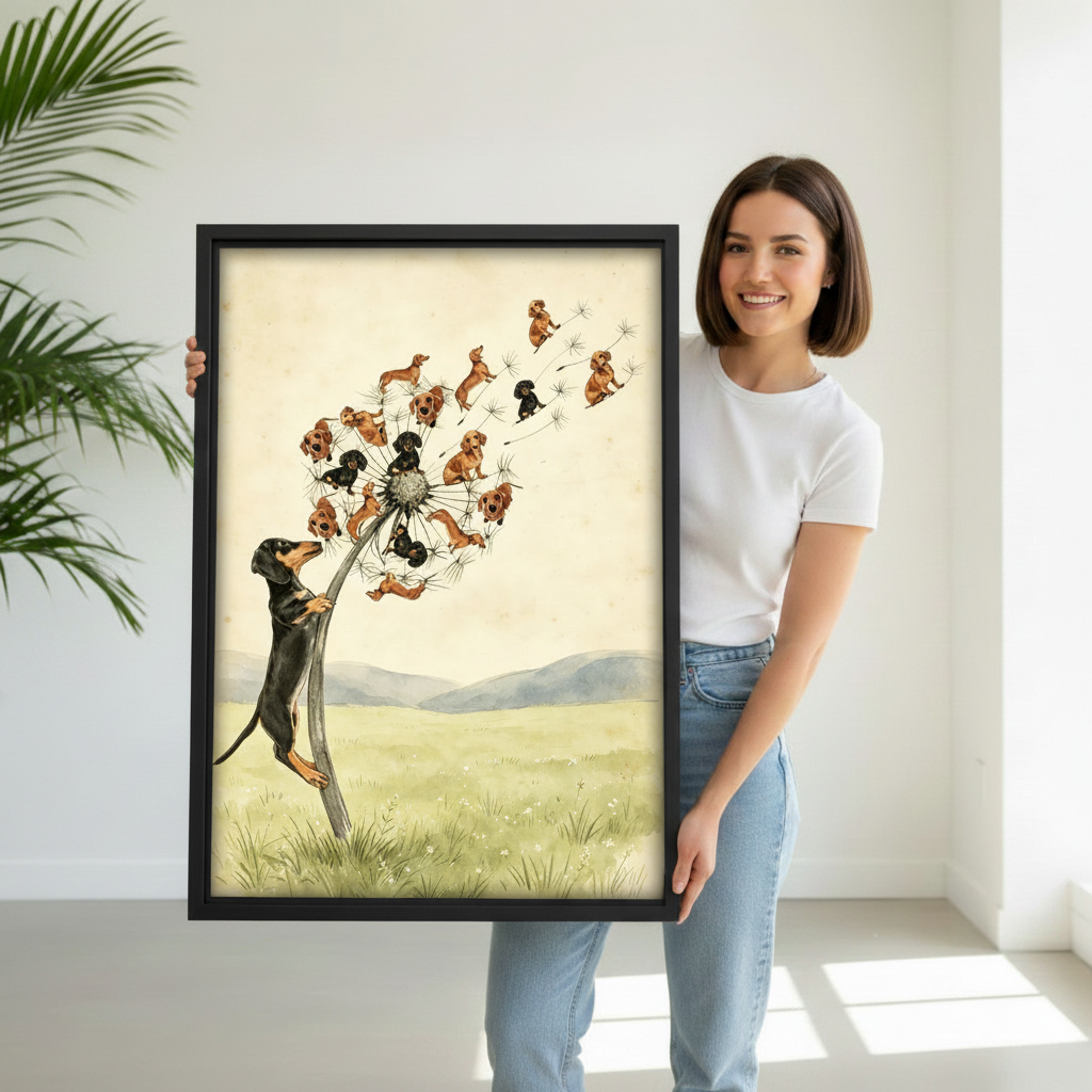 Woman holding large dachshund dandelion framed wall art print, whimsical vintage dog illustration size reference