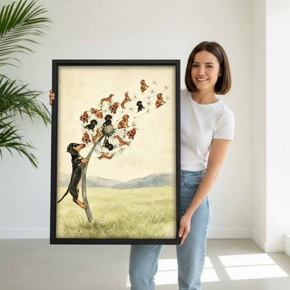 Woman holding large dachshund dandelion framed wall art print, whimsical vintage dog illustration size reference