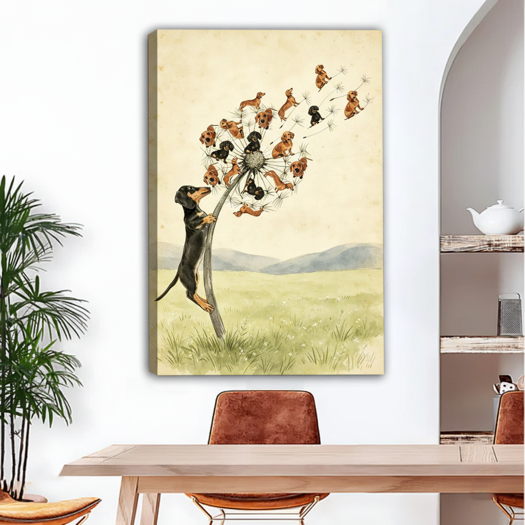 Dachshund dandelion gallery wrap canvas print in dining room, frameless vintage style wiener dog wall art warm tones