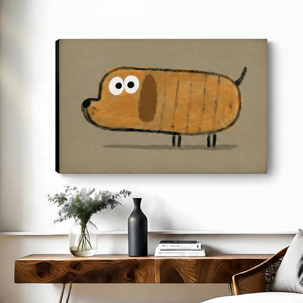 Whimsical dachshund folk art canvas print displayed frameless above wooden sideboard in modern living room