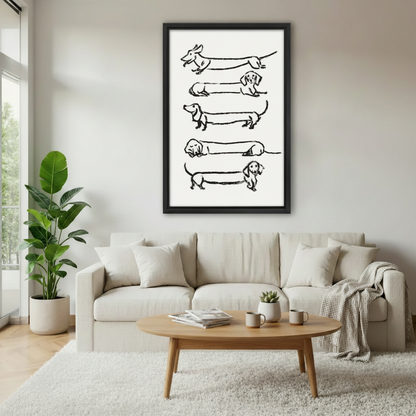 Black and white dachshund framed poster above cream sofa in Scandinavian style living room