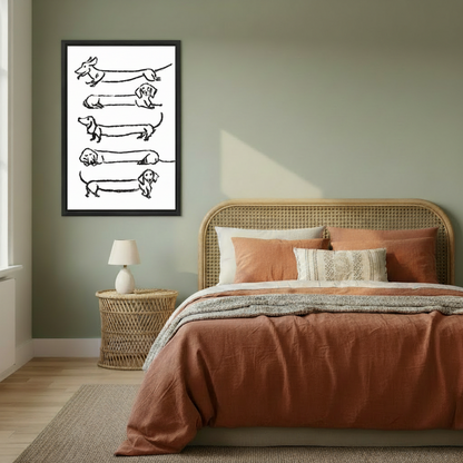 Whimsical long dachshund framed poster hanging in cozy boho bedroom on sage green wall