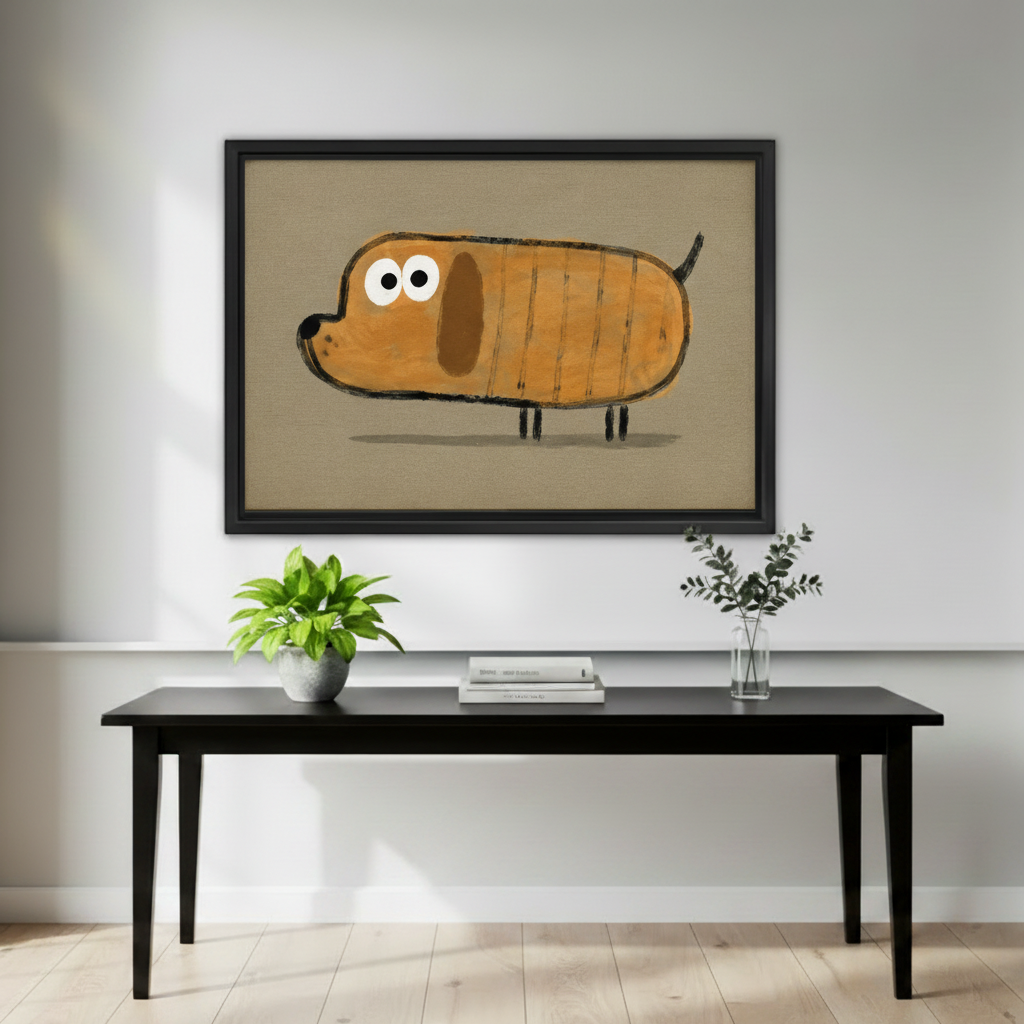 Framed whimsical dachshund canvas print hanging above black console table in entryway decor